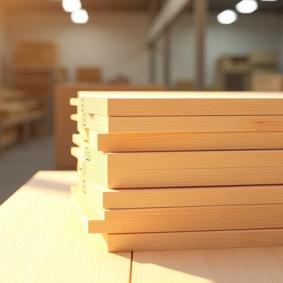 Pila di tavole di legno certificato FSC in un laboratorio luminoso.